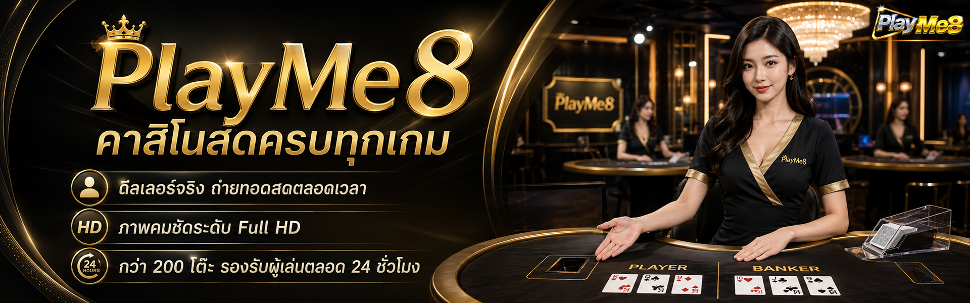 Playme8 คาสิโนสด สตรีมสด ดีลเลอร์จริง ถ่ายทอดสด 24 ชั่วโมง 2026